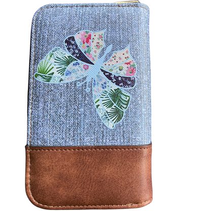 VIVACE WALLET: Medium Blue and Brown Leather wallet with BUTTERFLY Motif BACK