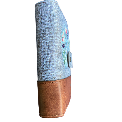 VIVACE WALLET: Medium Blue and Brown Leather wallet with BUTTERFLY Motif BOOK VIEW