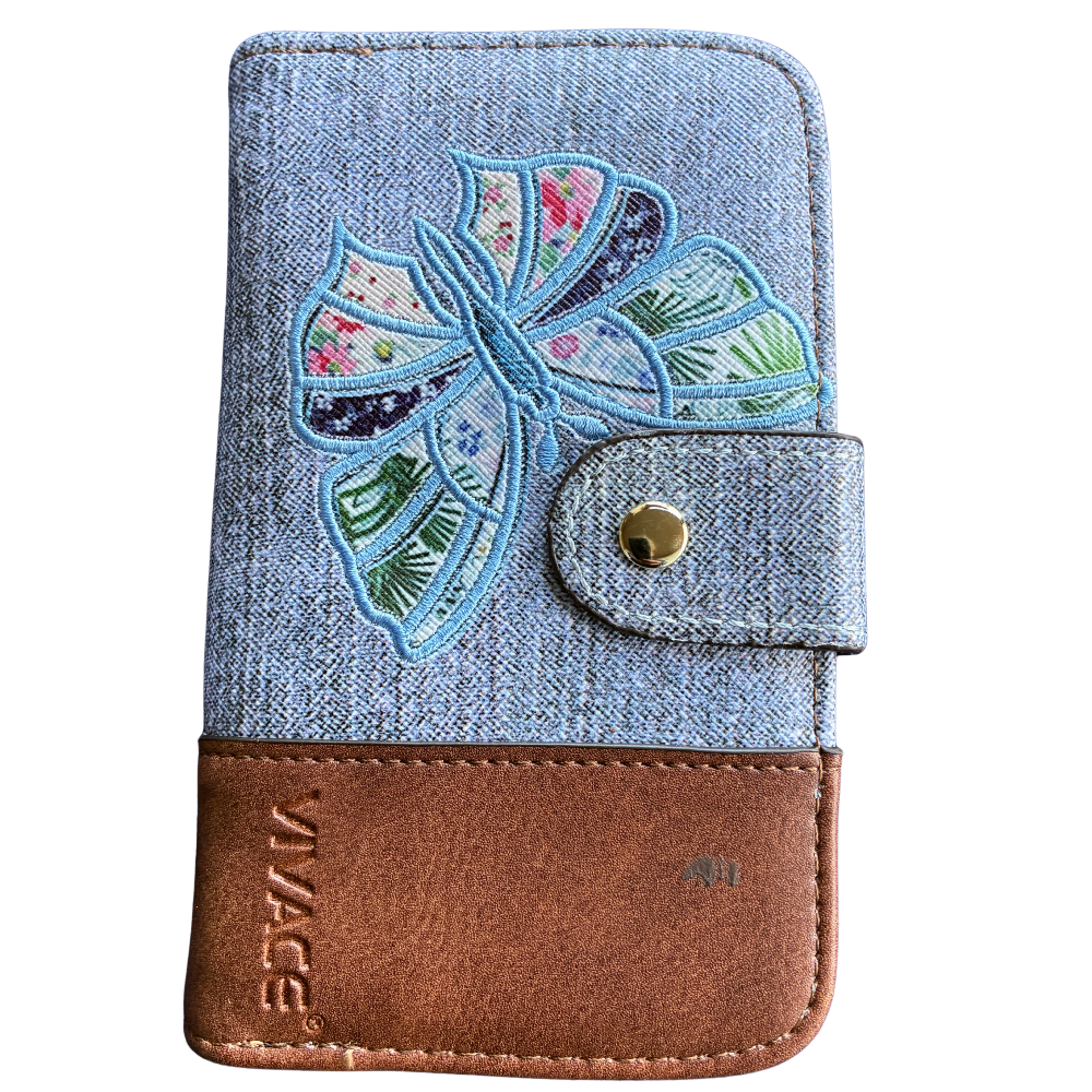 VIVACE WALLET: Medium Blue and Brown Leather wallet with BUTTERFLY Motif FRONT