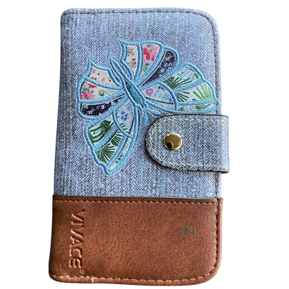 VIVACE WALLET: Medium Blue and Brown Leather wallet with BUTTERFLY Motif FRONT