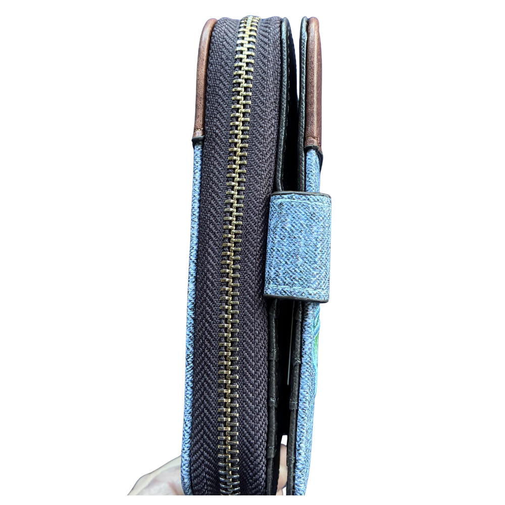 VIVACE WALLET: Medium Blue and Brown Leather wallet with BUTTERFLY Motif FRONT CLOSED VIEW