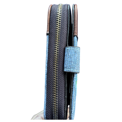 VIVACE WALLET: Medium Blue and Brown Leather wallet with BUTTERFLY Motif FRONT CLOSED VIEW