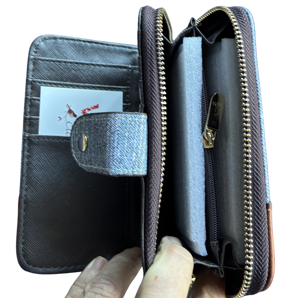 VIVACE WALLET: Medium Blue and Brown Leather wallet with BUTTERFLY Motif OPEN ALL POCKETS VIEW