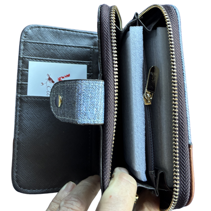 VIVACE WALLET: Medium Blue and Brown Leather wallet with BUTTERFLY Motif OPEN ALL POCKETS VIEW