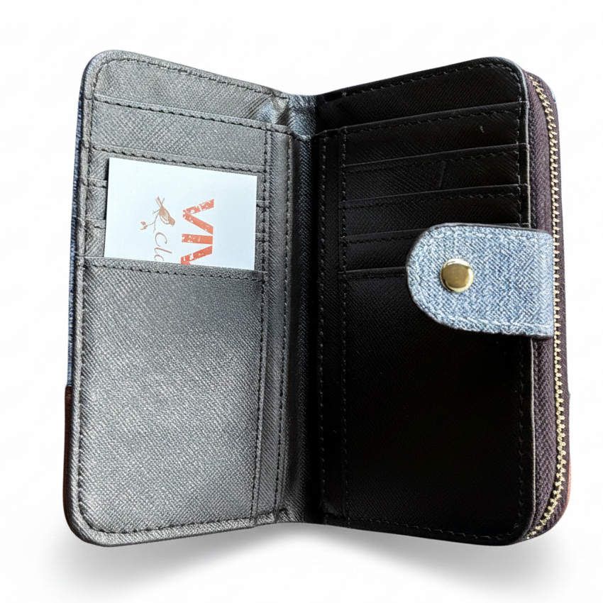 VIVACE WALLET: Medium Blue and Brown Leather wallet with BUTTERFLY Motif OPEN VIEW