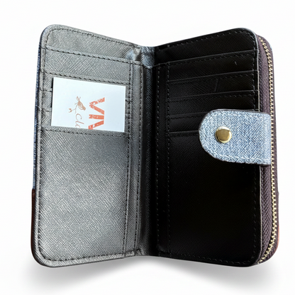 VIVACE WALLET: Medium Blue and Brown Leather wallet with BUTTERFLY Motif OPEN VIEW