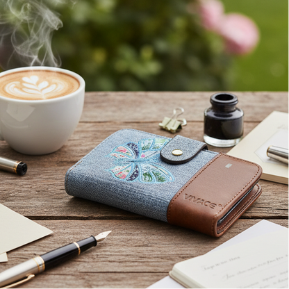 VIVACE WALLET: Medium Blue with Brown Leather trim wallet with BUTTERFLY Motif HERO
