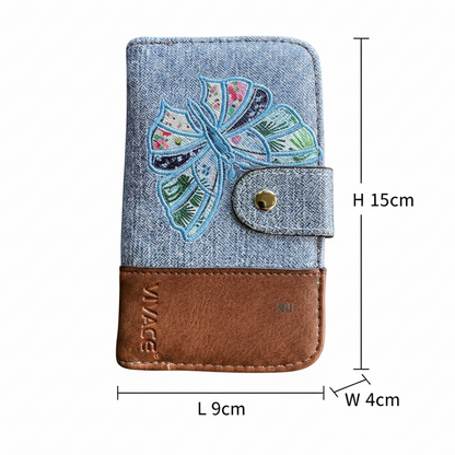 VIVACE WALLET: Medium Blue with Brown Leather trim wallet with BUTTERFLY Motif SIZED