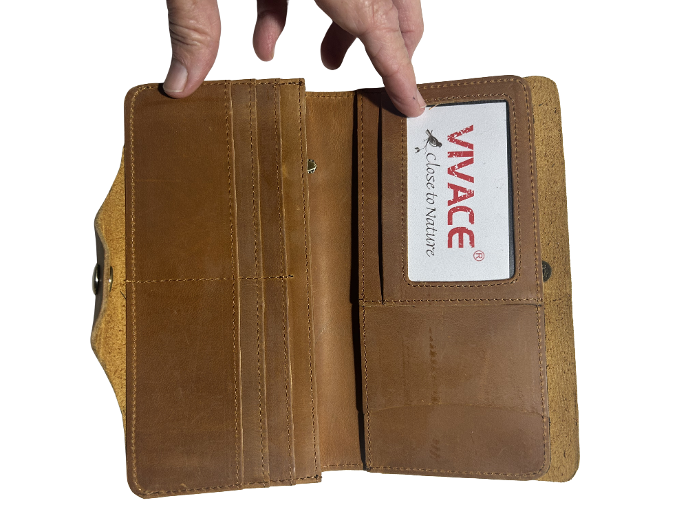 VIVACE WALLET: TAN BROWN LARGE GENUINE LEATHER WALLET WITH CLIP OPEN VIEW