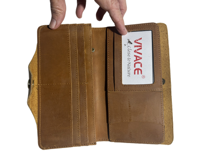 VIVACE WALLET: TAN BROWN LARGE GENUINE LEATHER WALLET WITH CLIP OPEN VIEW