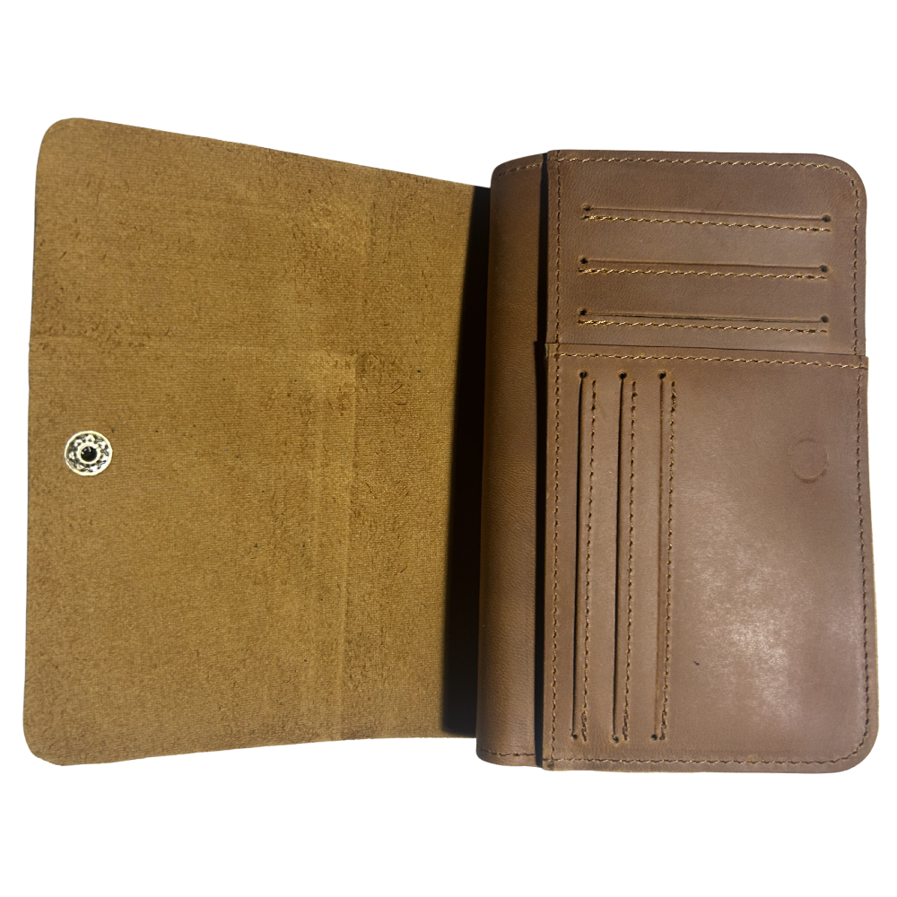 VIVACE WALLET: TAN, BROWN MEDIUM GENUINE LEATHER WALLET WITH CLIP FAP OPEN