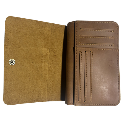 VIVACE WALLET: TAN, BROWN MEDIUM GENUINE LEATHER WALLET WITH CLIP FAP OPEN