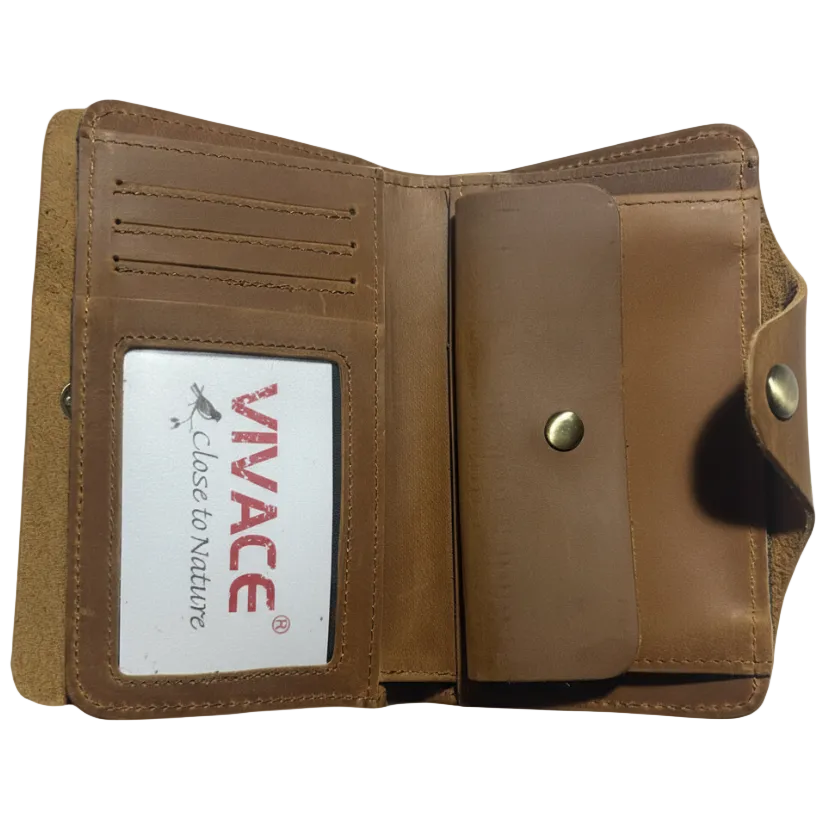 VIVACE WALLET: TAN, BROWN MEDIUM GENUINE LEATHER WALLET WITH CLIP OPEN 