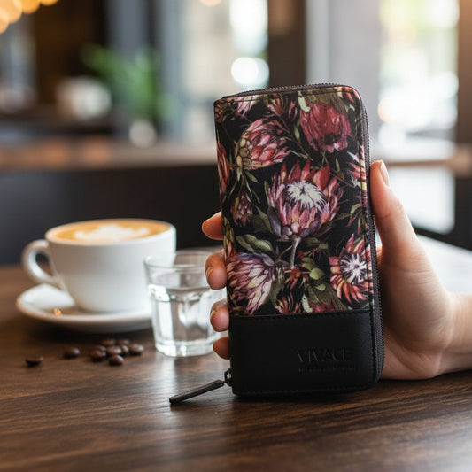 VIVACE Wallet: Large Black Canvas with Protea Design & Black PU Trim HERO