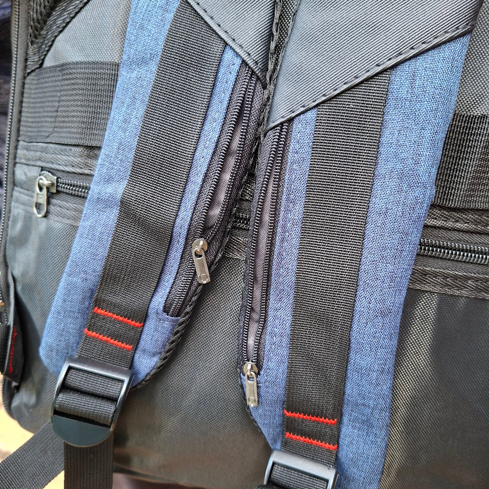 Close-up of Vivace blue backpack shoulder straps.