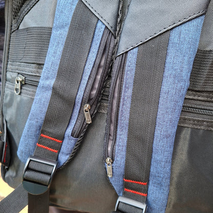 Close-up of Vivace blue backpack shoulder straps.