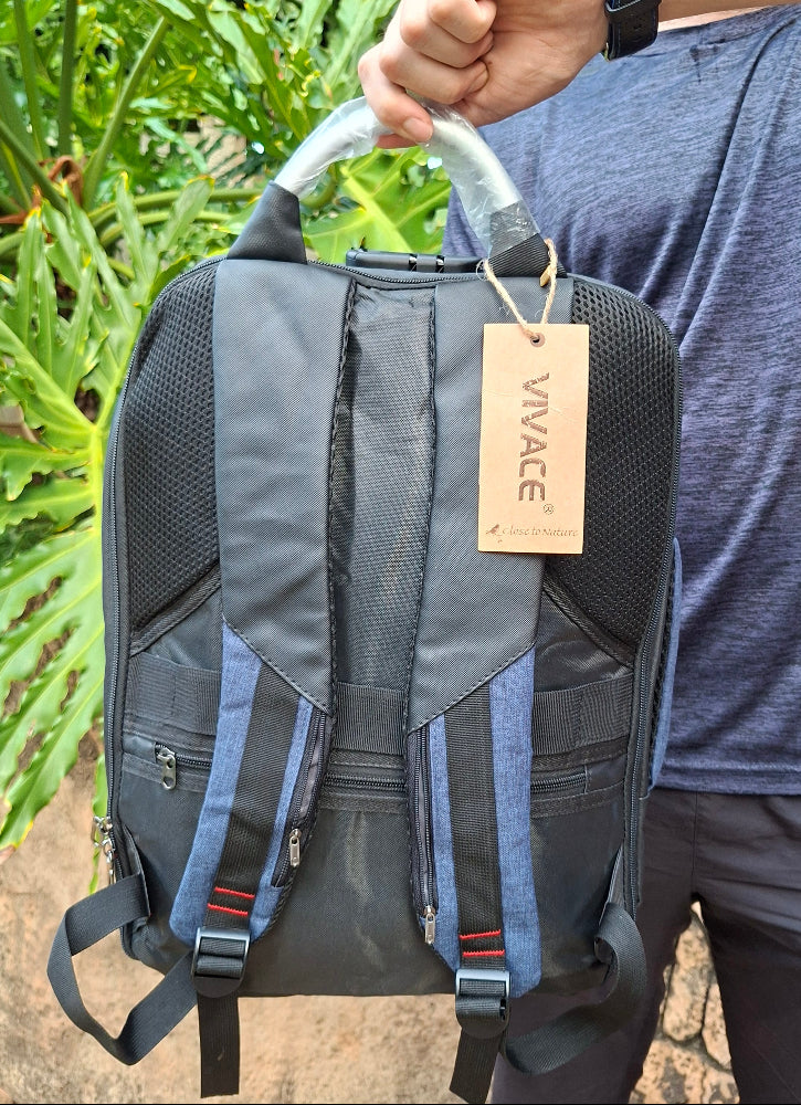 Blue backpack with a visible VIVACE brand tag to show back view held by a person outdoors.