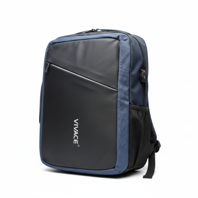Black and blue backpack with 'Vivace' branding on a white background