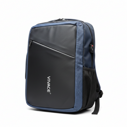 Black and blue backpack with 'Vivace' branding on a white background