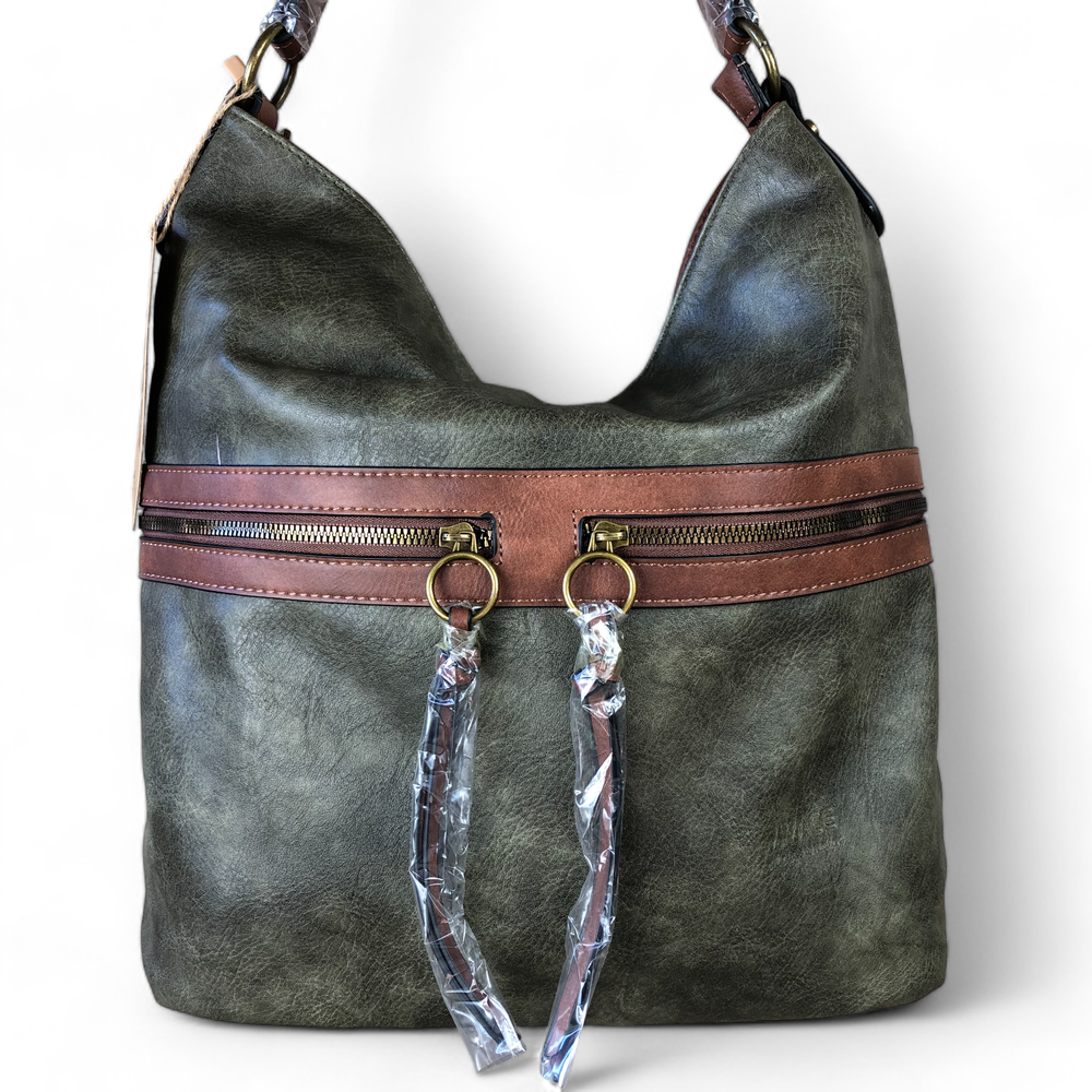 Vivace GREEN PU Leather Handbag with BROWN Trim