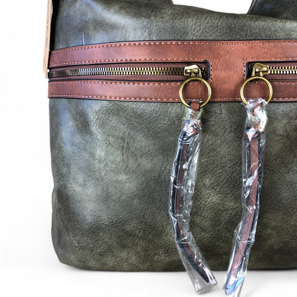 Vivace GREEN PU Leather Handbag with BROWN Trim