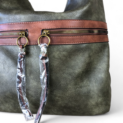 Vivace GREEN PU Leather Handbag with BROWN Trim