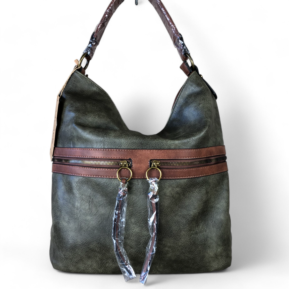Vivace GREEN PU Leather Handbag with BROWN Trim