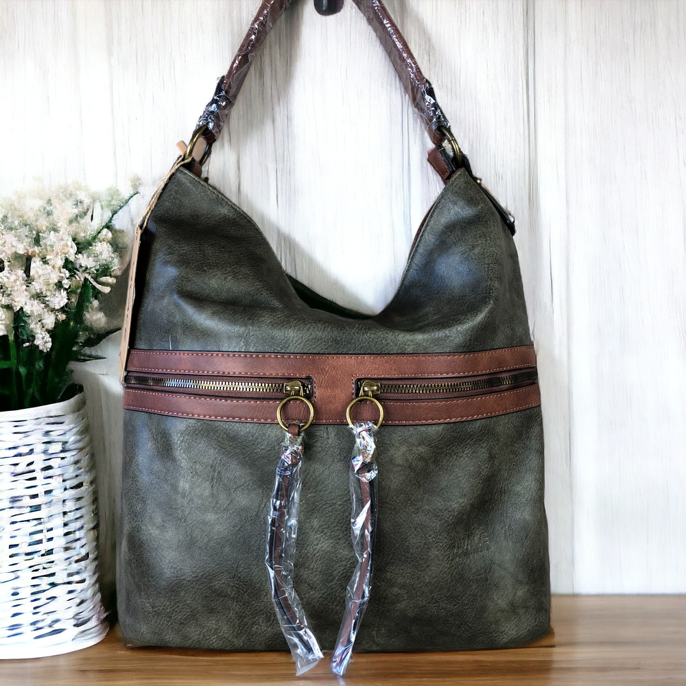 Vivace GREEN PU Leather Handbag with BROWN Trim