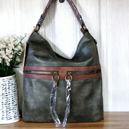 Vivace GREEN PU Leather Handbag with BROWN Trim