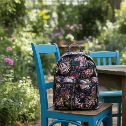 Vivace Backpack: Medium BLACK Canvas Backpack with Proteas LIFESTYLE