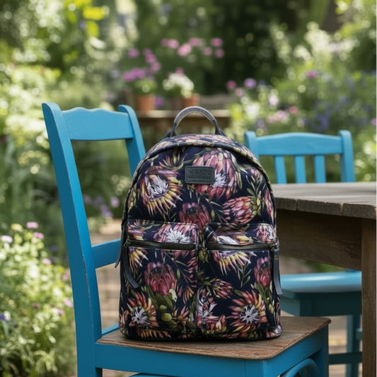Vivace Backpack: Medium BLACK Canvas Backpack with Proteas LIFESTYLE