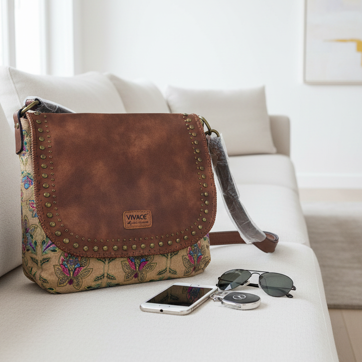 Vivace Canvas Handbag: BEIGE Multicolor Canvas Handbag with PU LEATHER LIFESTYLE VIEW