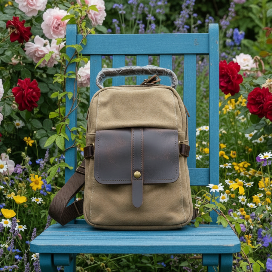 Vivace Cross Body Bag: Vintage BROWN Canvas with Genuine Leather Trim LIFESTYLE