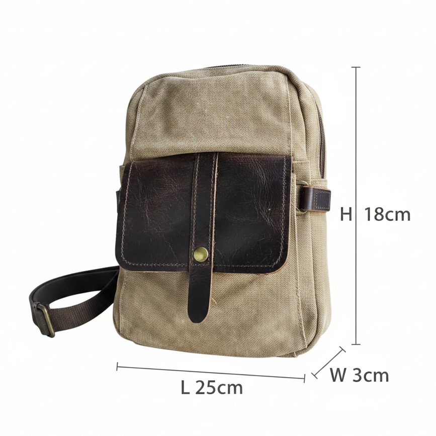 Vivace Cross Body Bag: Vintage BROWN Canvas with Genuine Leather Trim SIZED