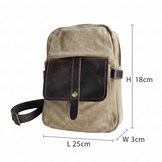 Vivace Cross Body Bag: Vintage BROWN Canvas with Genuine Leather Trim SIZED