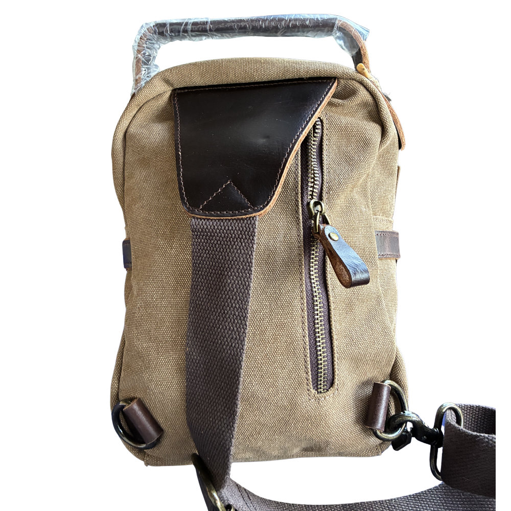 Vivace Cross Body Bag: Vintage BROWN Canvas with Genuine Leather Trim back view