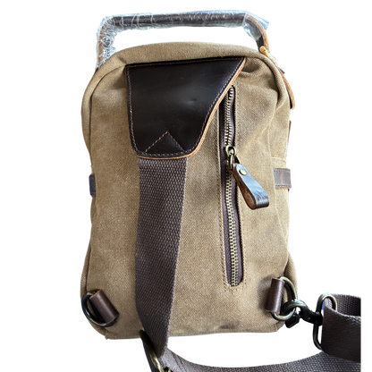 Vivace Cross Body Bag: Vintage BROWN Canvas with Genuine Leather Trim back view