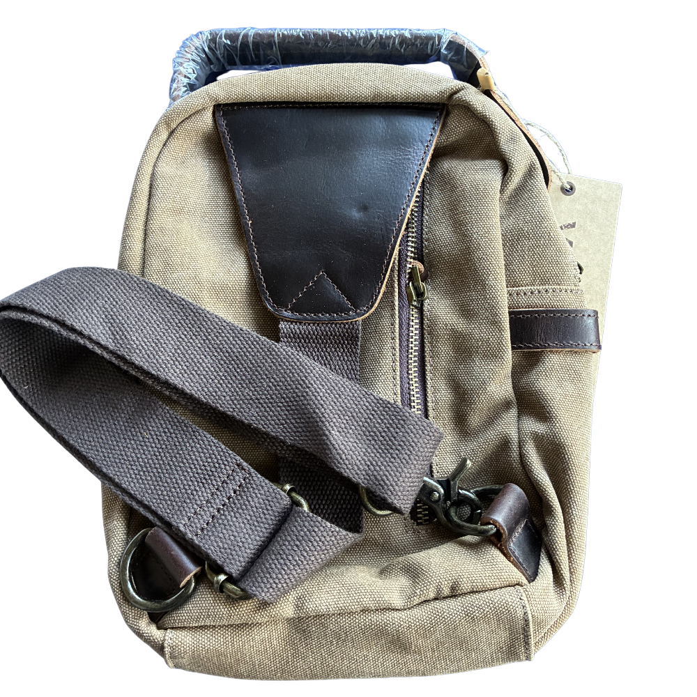 Vivace Cross Body Bag: Vintage BROWN Canvas with Genuine Leather Trim back view strap attachment