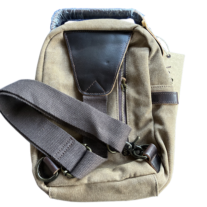 Vivace Cross Body Bag: Vintage BROWN Canvas with Genuine Leather Trim back view strap attachment