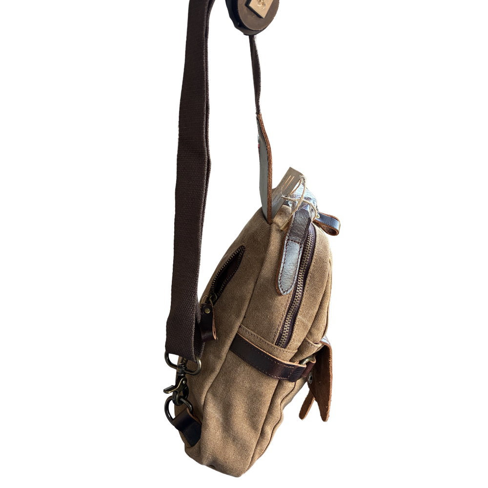 Vivace Cross Body Bag: Vintage BROWN Canvas with Genuine Leather Trim hanging view