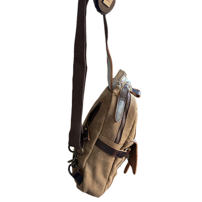 Vivace Cross Body Bag: Vintage BROWN Canvas with Genuine Leather Trim hanging view