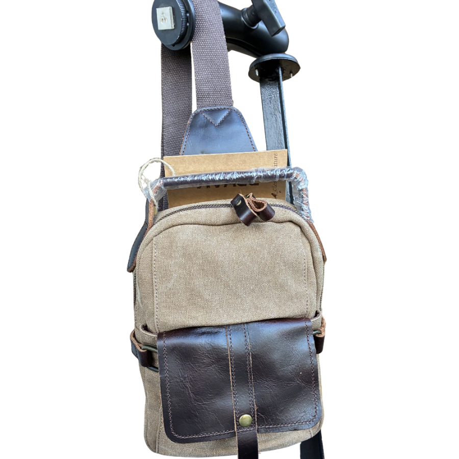 Vivace Cross Body Bag: Vintage BROWN Canvas with Genuine Leather Trim hanging view front
