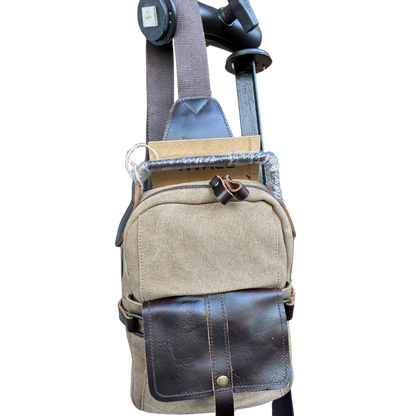 Vivace Cross Body Bag: Vintage BROWN Canvas with Genuine Leather Trim hanging view front