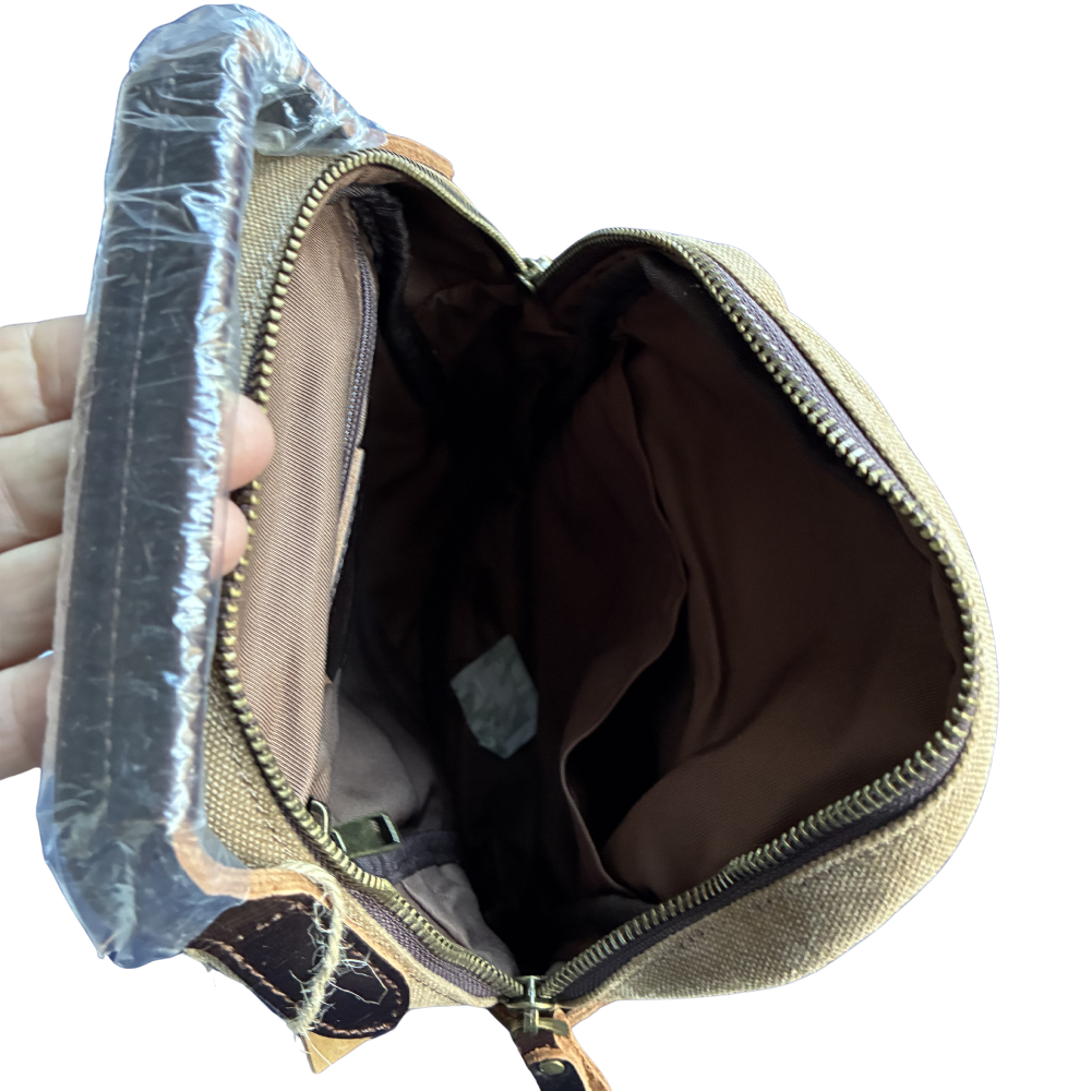 Vivace Cross Body Bag: Vintage BROWN Canvas with Genuine Leather Trim open top view 