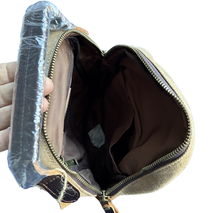 Vivace Cross Body Bag: Vintage BROWN Canvas with Genuine Leather Trim open top view 