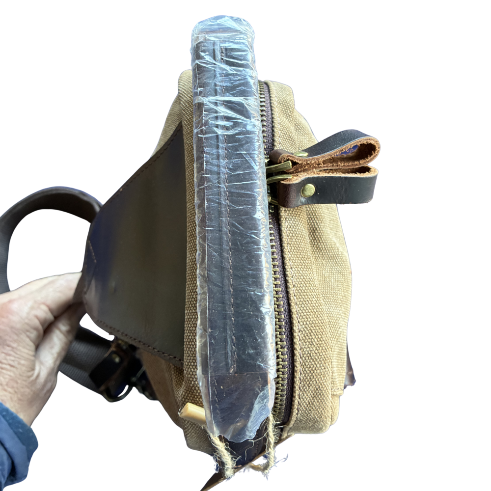 Vivace Cross Body Bag: Vintage BROWN Canvas with Genuine Leather Trim top view