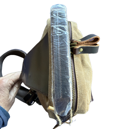 Vivace Cross Body Bag: Vintage BROWN Canvas with Genuine Leather Trim top view