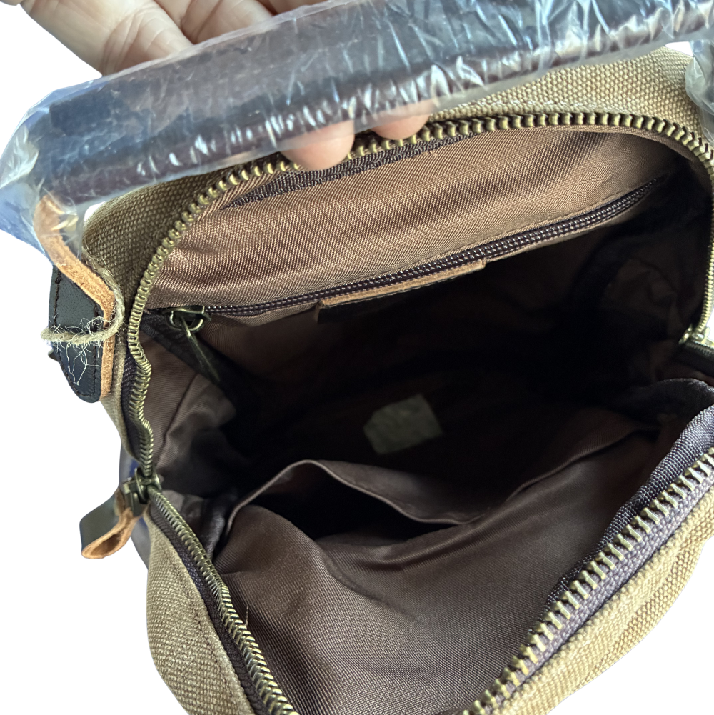 Vivace Cross Body Bag: Vintage BROWN Canvas with Genuine Leather Trim top view strap attachment