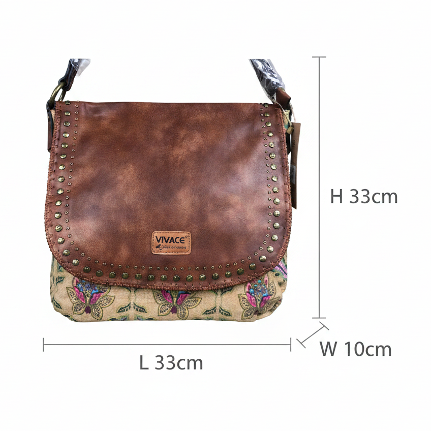 Vivace Handbag: BEIGE Canvas Handbag with MULTICOLOUR Pattern and BROWN PU leather Flap SIZE
