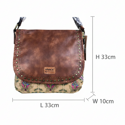 Vivace Handbag: BEIGE Canvas Handbag with MULTICOLOUR Pattern and BROWN PU leather Flap SIZE
